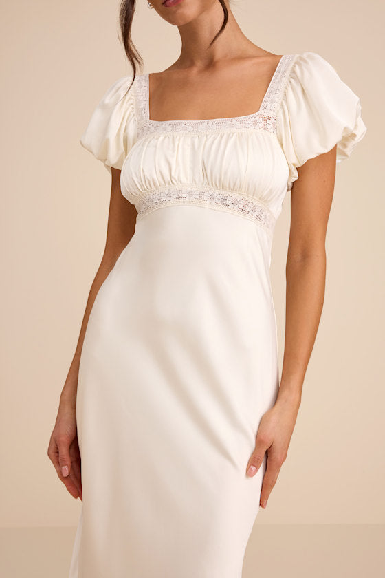 Catherine Ivory Satin Puff Sleeve Slip Midi Dress