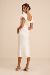 Catherine Ivory Satin Puff Sleeve Slip Midi Dress