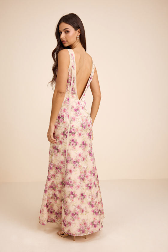 Morgan Cream Floral Backless Mermaid Maxi Dress