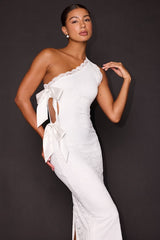 Sophie White Lace One-Shoulder Bow Column Maxi Dress