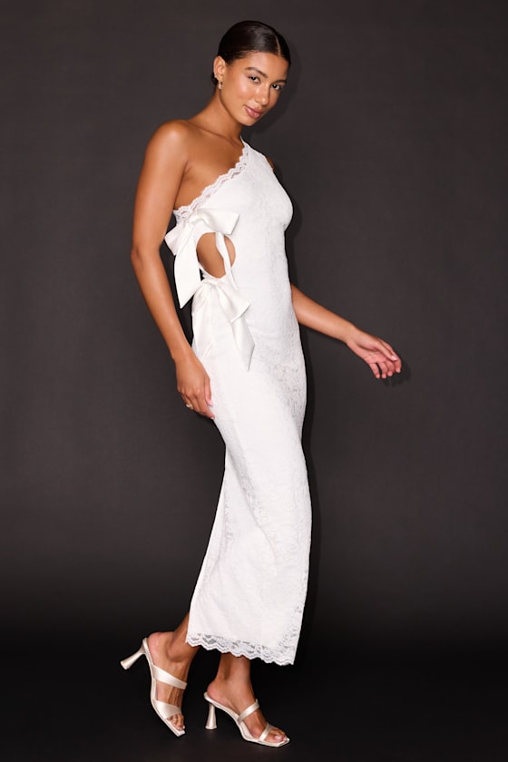 Sophie White Lace One-Shoulder Bow Column Maxi Dress