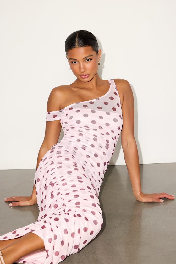 Decca Blush Polka Dot Mesh Ruched Maxi Dress