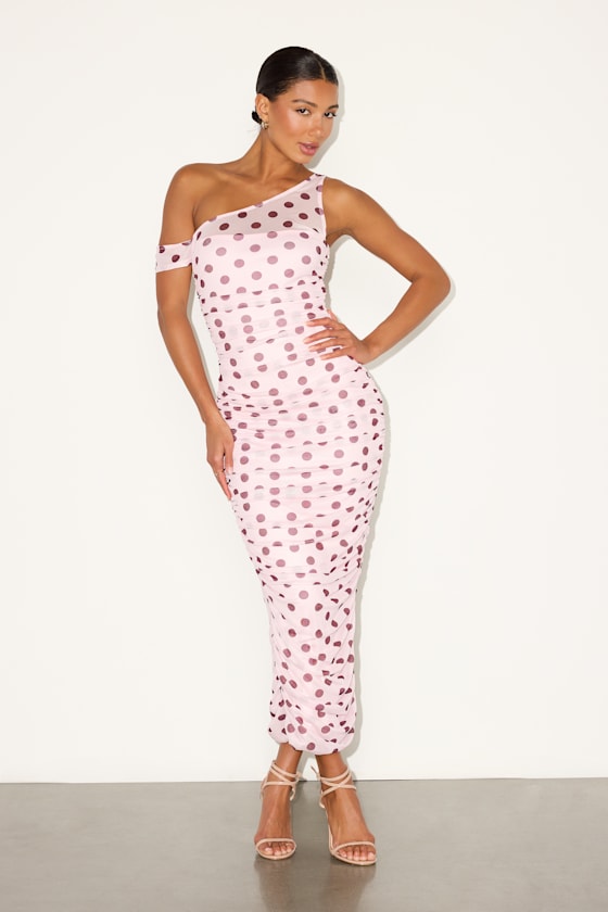 Decca Blush Polka Dot Mesh Ruched Maxi Dress