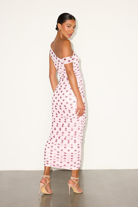 Decca Blush Polka Dot Mesh Ruched Maxi Dress