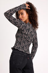 Elva Black Floral Smocked Long Sleeve Top