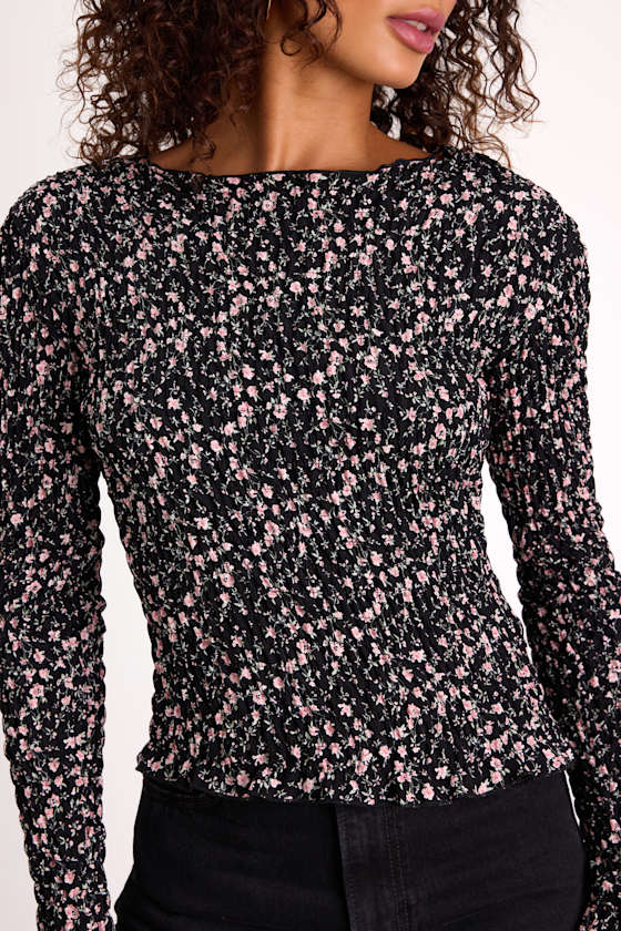 Elva Black Floral Smocked Long Sleeve Top