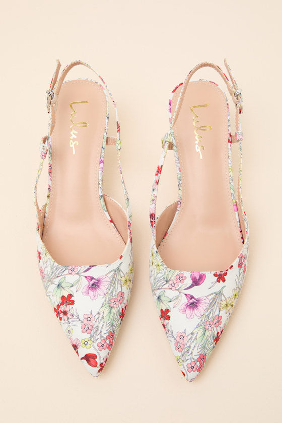 Talia White Floral Pointed-Toe Slingback Pumps