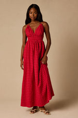 Tamilyn Red Gingham Lace-Up Maxi Dress