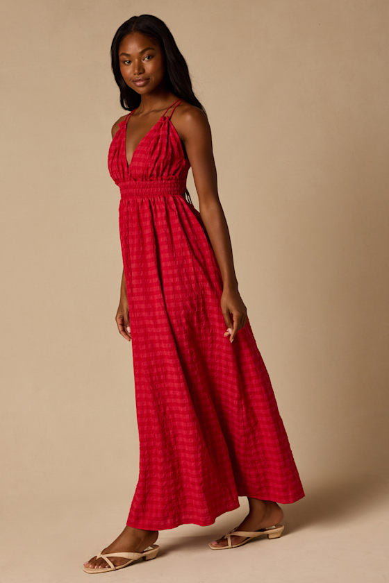 Tamilyn Red Gingham Lace-Up Maxi Dress