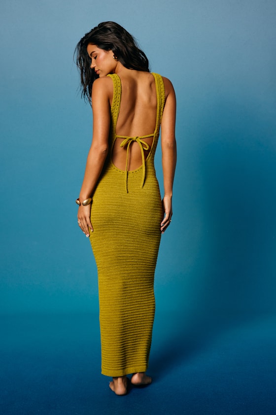 Solstice Chartreuse Crochet Backless Maxi Dress