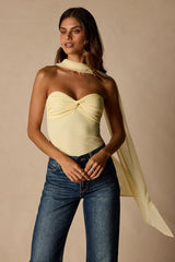 Genevieve Light Yellow Mesh Sash Scarf Strapless Top