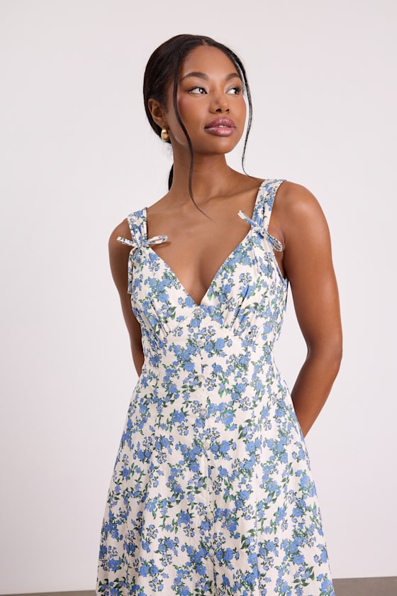 Fenley Ivory and Blue Ivory Floral Button-Front Midi Dress