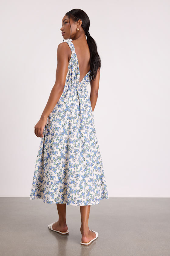 Fenley Ivory and Blue Ivory Floral Button-Front Midi Dress