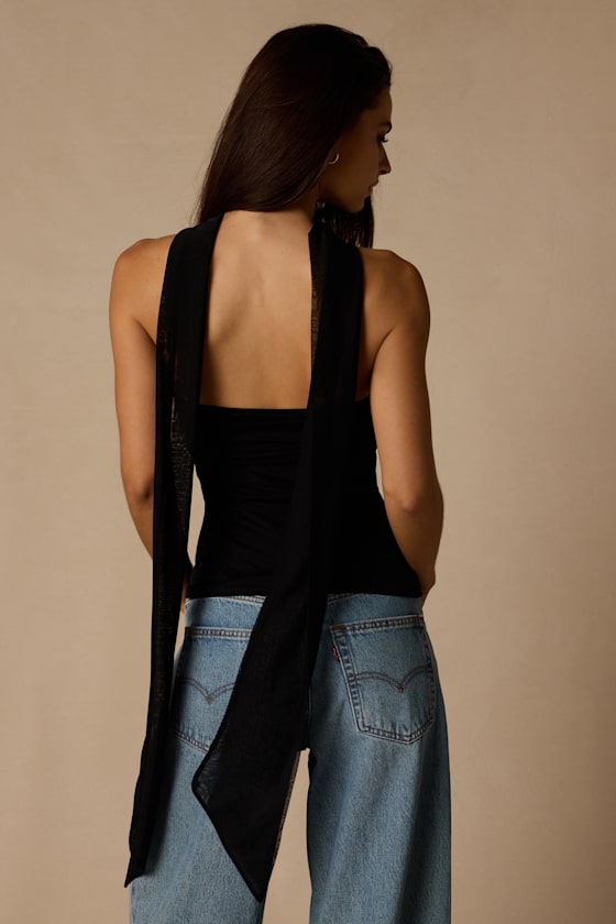 Genevieve Black Mesh Sash Scarf Strapless Top