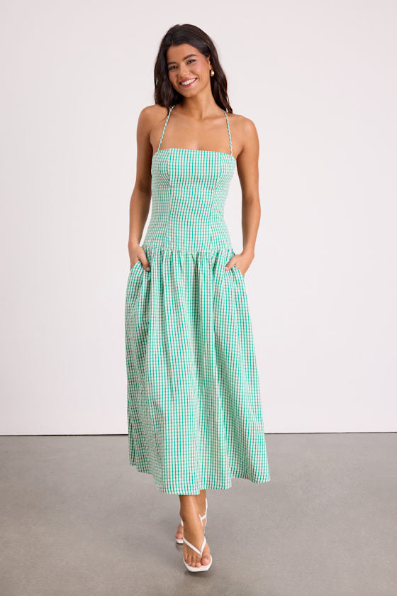 Lanny Green Gingham Lace-Up Midi Dress