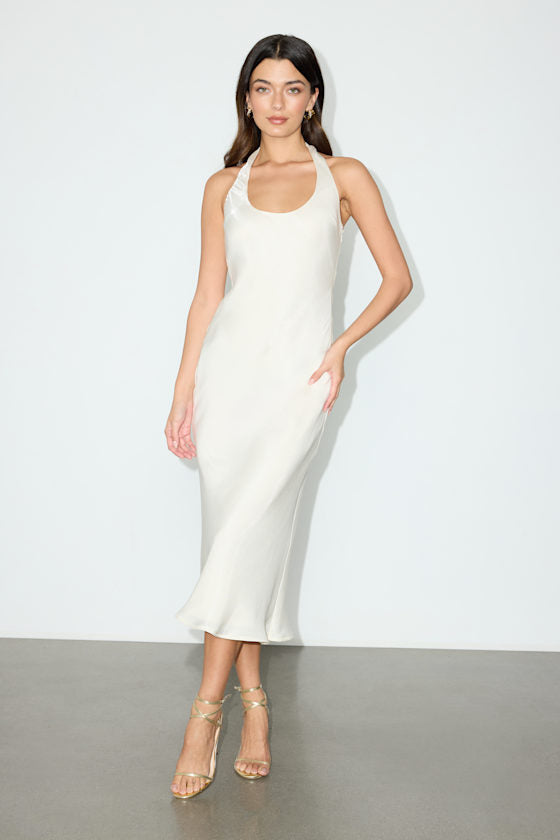 Olandria Ivory Halter Midi Slip Dress