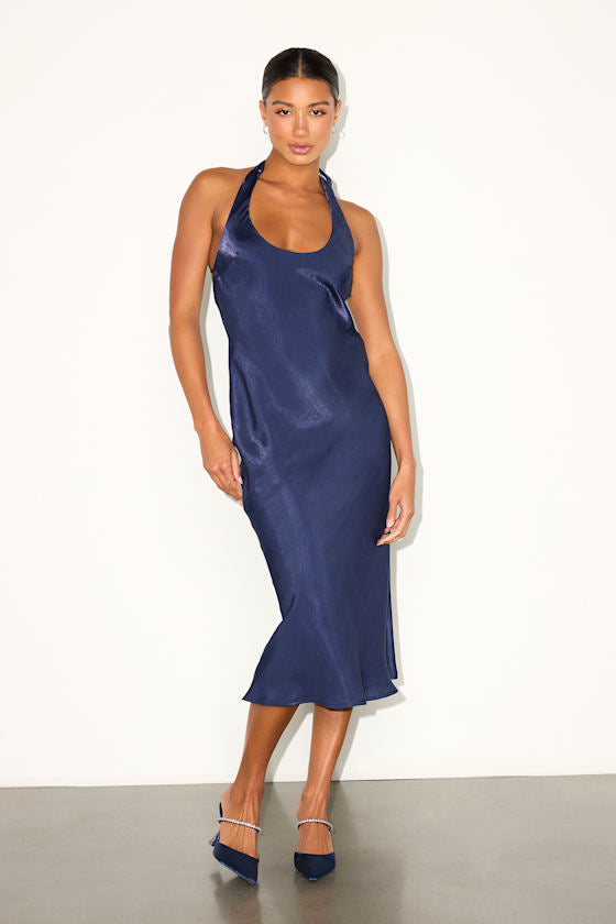 Olandria Navy Blue Halter Midi Slip Dress