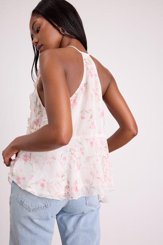 Sashi Ivory Floral Ruffled Tank Top