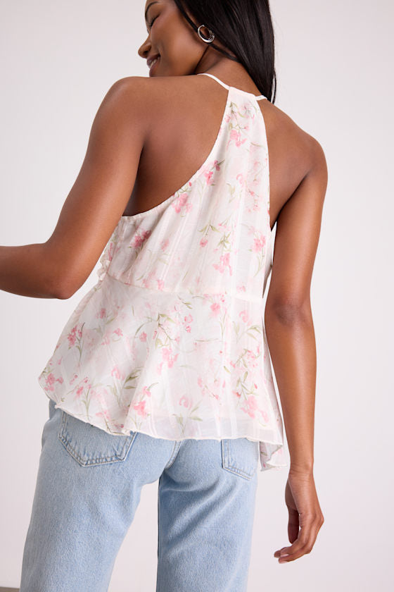 Sashi Ivory Floral Ruffled Tank Top