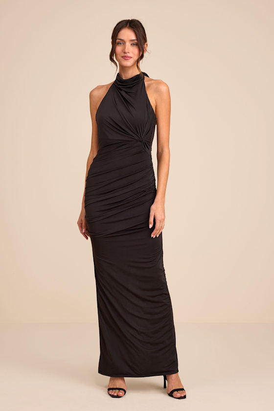 Seraiah Black Knotted Ruched Halter Maxi Dress