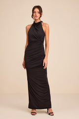 Seraiah Black Knotted Ruched Halter Maxi Dress