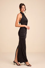 Seraiah Black Knotted Ruched Halter Maxi Dress