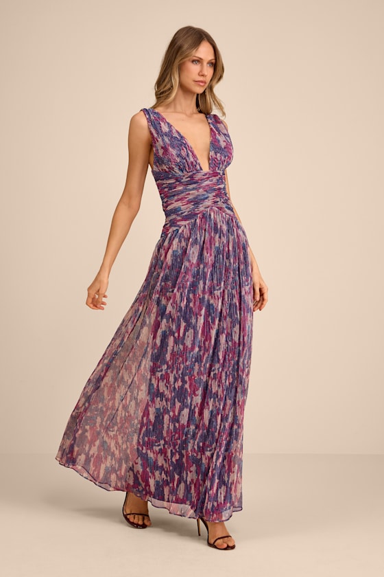 Evaluna Purple Abstract Print Lurex Pleated Maxi Dress
