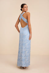Lamila Light Blue Floral Satin Column Maxi Dress