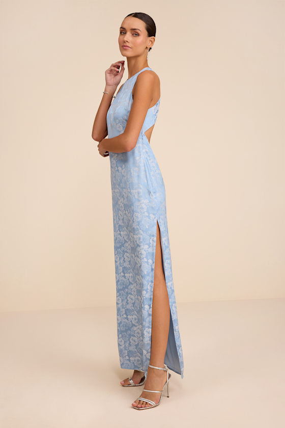 Lamila Light Blue Floral Satin Column Maxi Dress