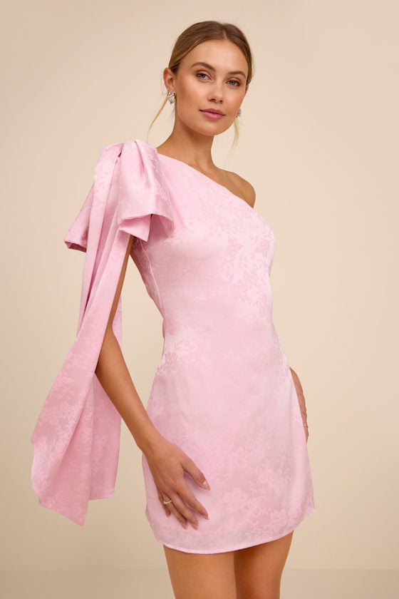 Jayda Light Pink Satin Jacquard One-Shoulder Sash Mini Dress