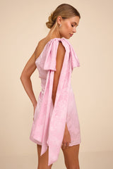 Jayda Light Pink Satin Jacquard One-Shoulder Sash Mini Dress