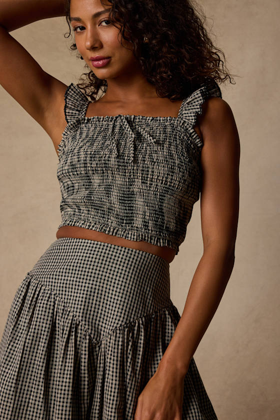 Starling Black Gingham Smocked Top