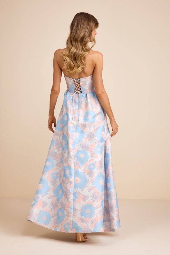 Rainie Cream Floral Jacquard Strapless Lace-Up Maxi Dress