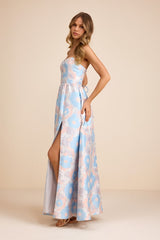 Rainie Cream Floral Jacquard Strapless Lace-Up Maxi Dress