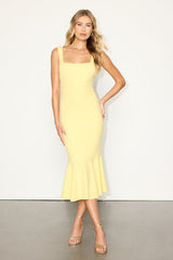 Moment Maker Light Yellow Square Neck Trumpet Midi Dress