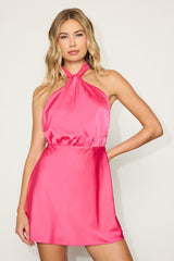 Sleek Essence Fuchsia Satin Halter Sleeveless Mini Dress
