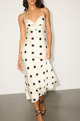 Maxime Ivory Polka Dot Satin Cowl Back Midi Dress