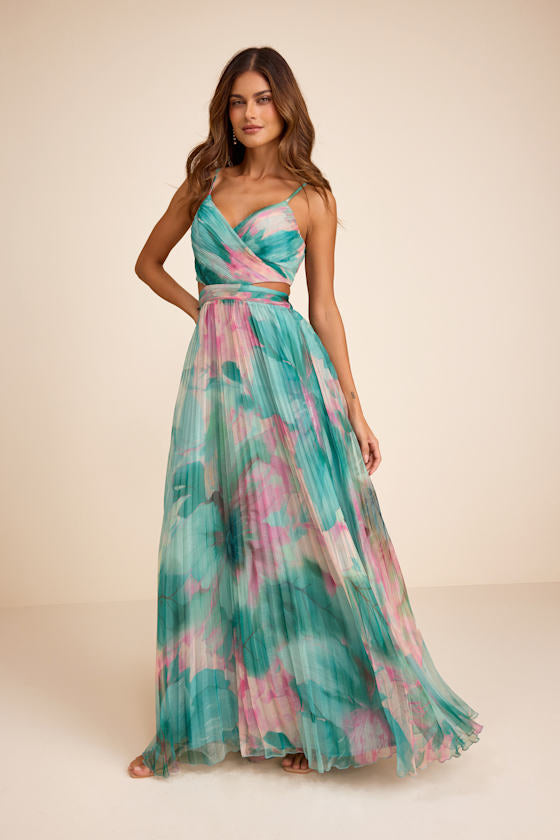 Estelle Teal Blue Floral Pleated Cutout Maxi Dress