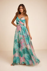 Estelle Teal Blue Floral Pleated Cutout Maxi Dress