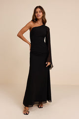 Elizabeth Black One-Shoulder Bell Sleeve Maxi Dress