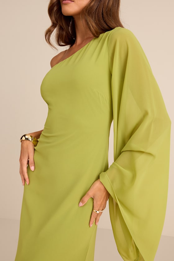 Elizabeth Lime Green One-Shoulder Bell Sleeve Maxi Dress