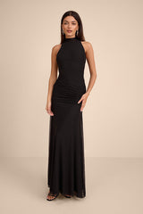 Alma Black Mesh Mock Neck Ruched Maxi Dress
