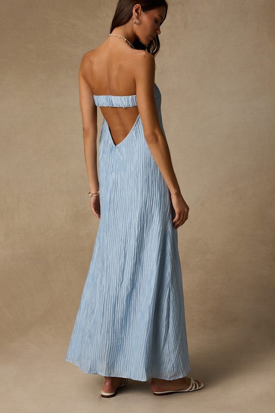 Radiant Season Light Blue Plisse Cutout Strapless Maxi Dress