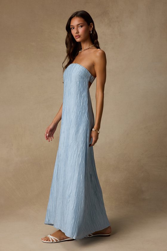 Radiant Season Light Blue Plisse Cutout Strapless Maxi Dress