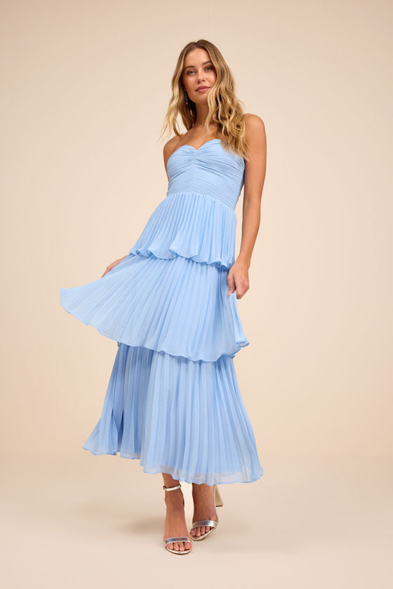Seriously Sensational Light Blue Strapless Tiered Midi Dress