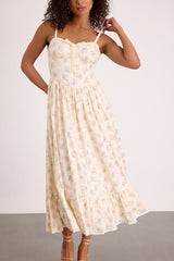Odilie Pale Yellow Floral Lace Sleeveless Midi Dress