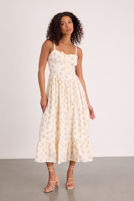 Odilie Pale Yellow Floral Lace Sleeveless Midi Dress