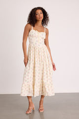 Odilie Pale Yellow Floral Lace Sleeveless Midi Dress