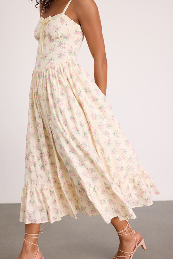Odilie Pale Yellow Floral Lace Sleeveless Midi Dress