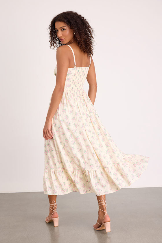 Odilie Pale Yellow Floral Lace Sleeveless Midi Dress